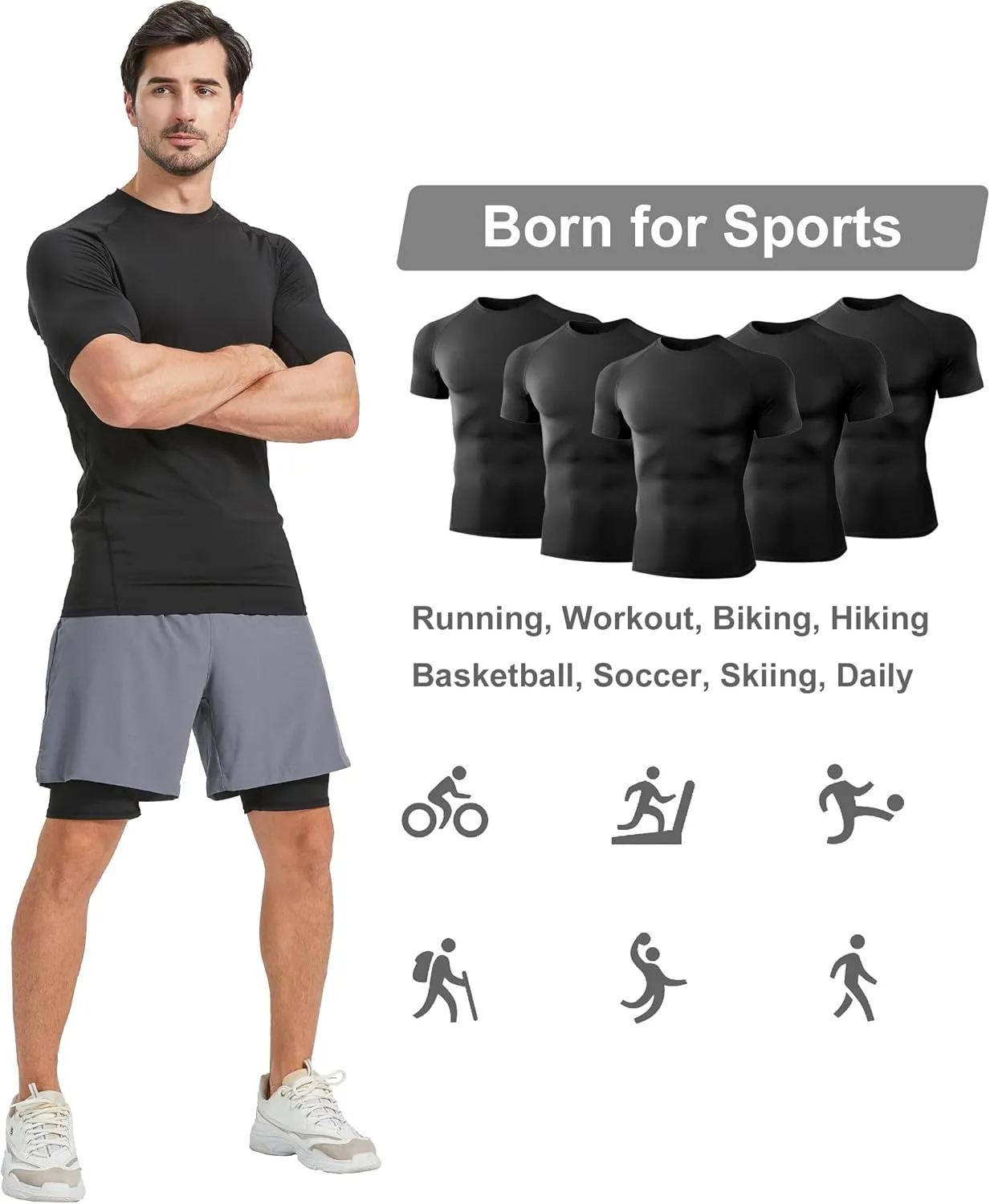 5 Pack Men??s Compression Shirts Short Sleeve Cool Dry Sports Athletic Workout Base Layer Undershirt T-Shirt Tops