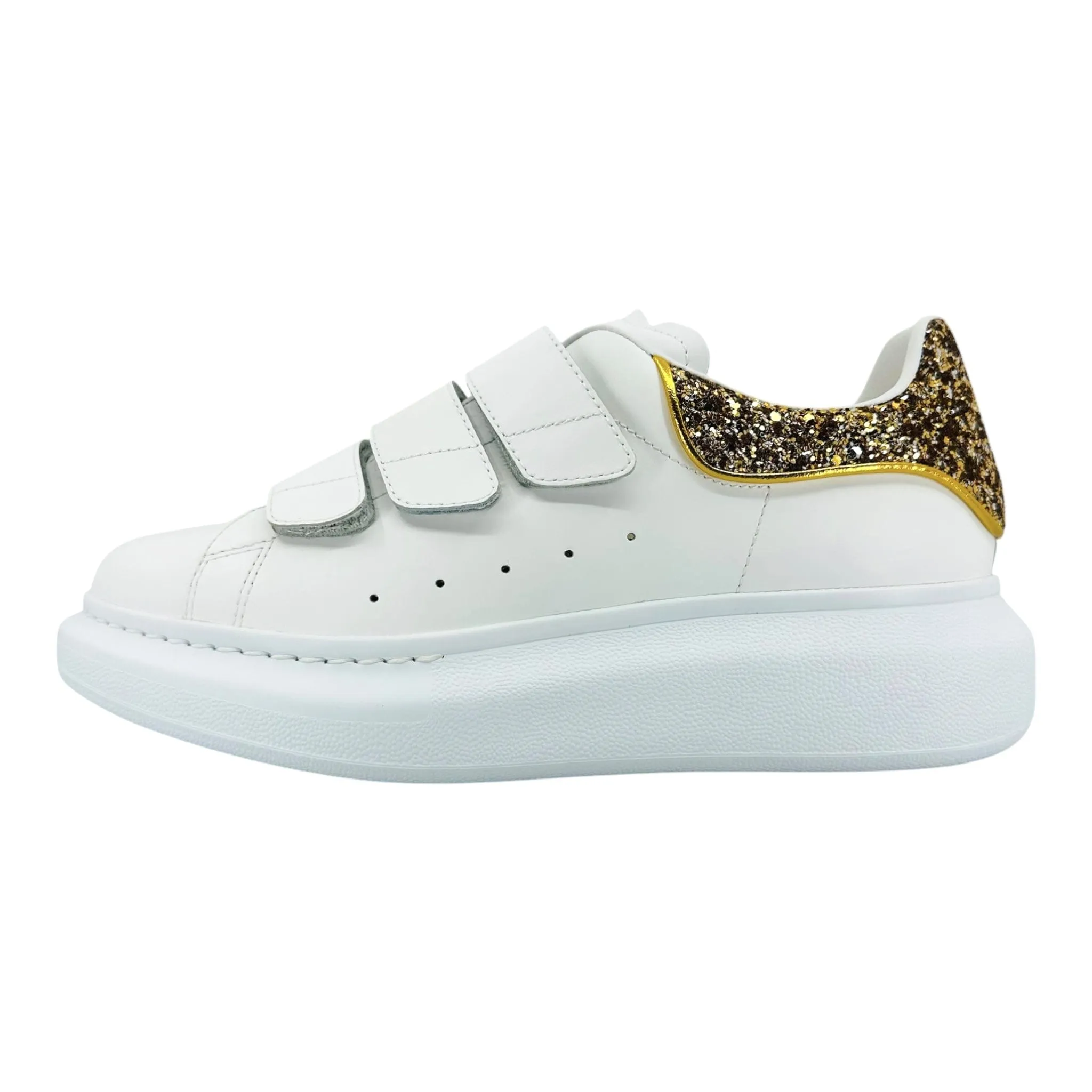 Alexander McQueen Larry Oversized Strap Sneaker Low Glitter White Gold