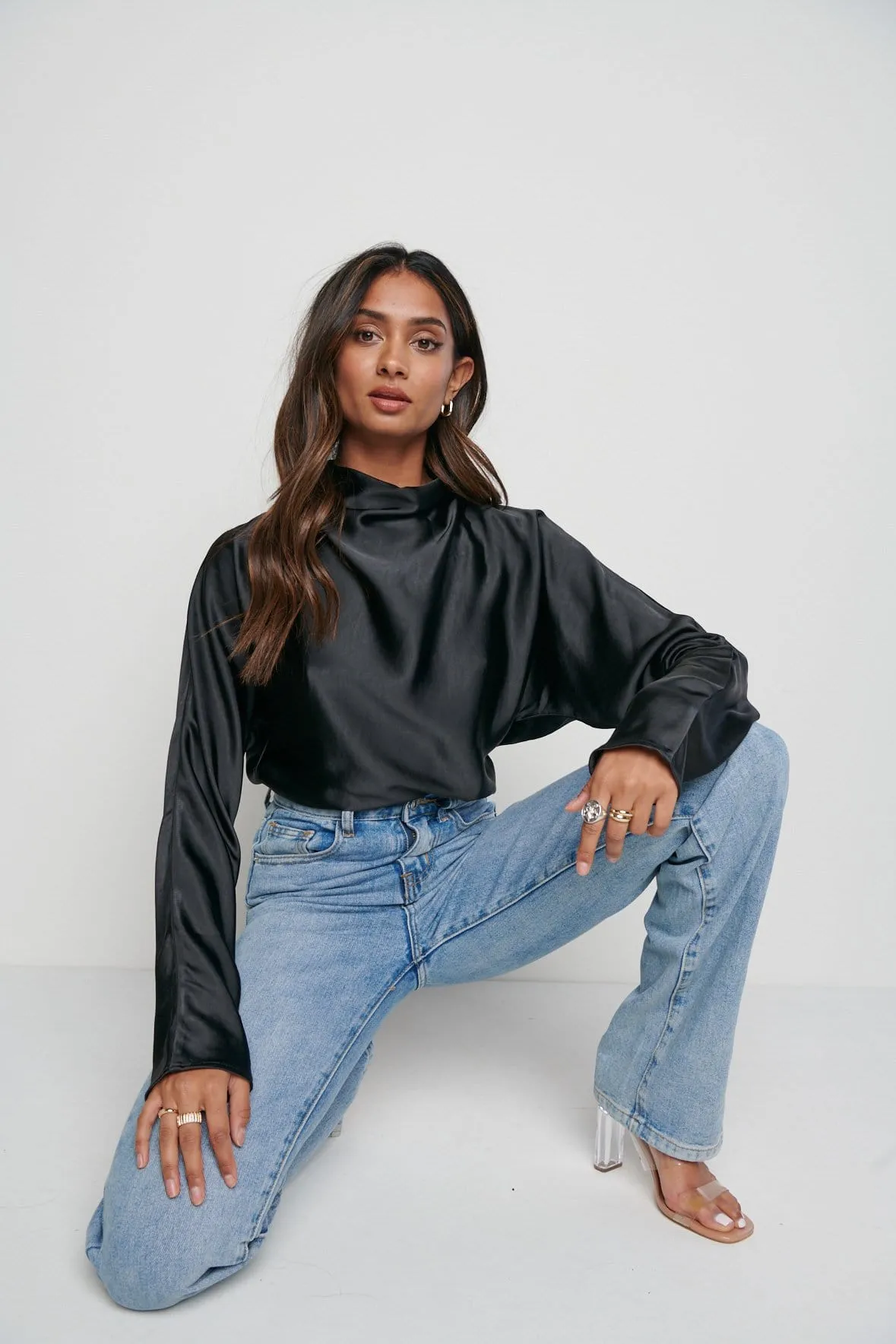 Bonnie High Neck Backless Blouse - Black