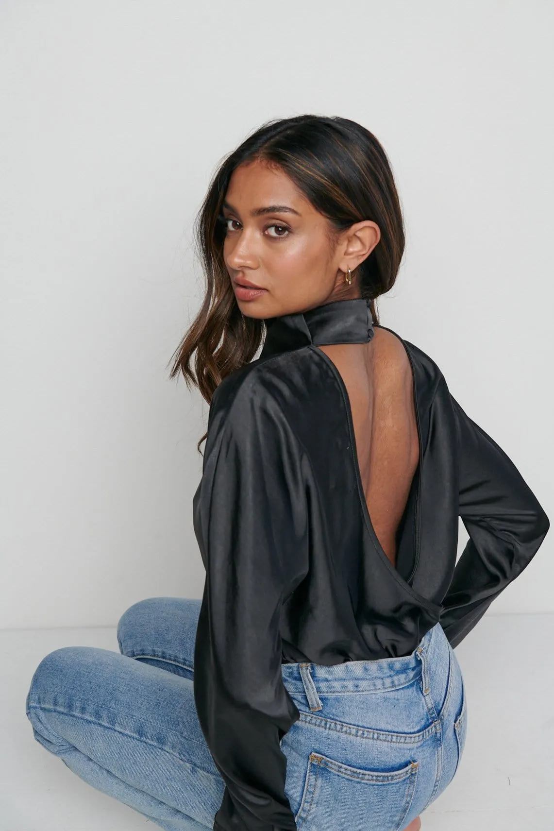 Bonnie High Neck Backless Blouse - Black