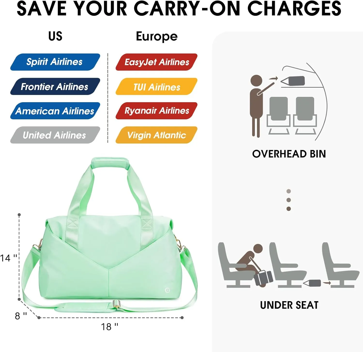 Ceneda 17" Gym Duffel Bag with Wet Pocket Shoes Bag Portable Overnight Weekender Bag Travel bag Yoga Bag for Women (Light Green)