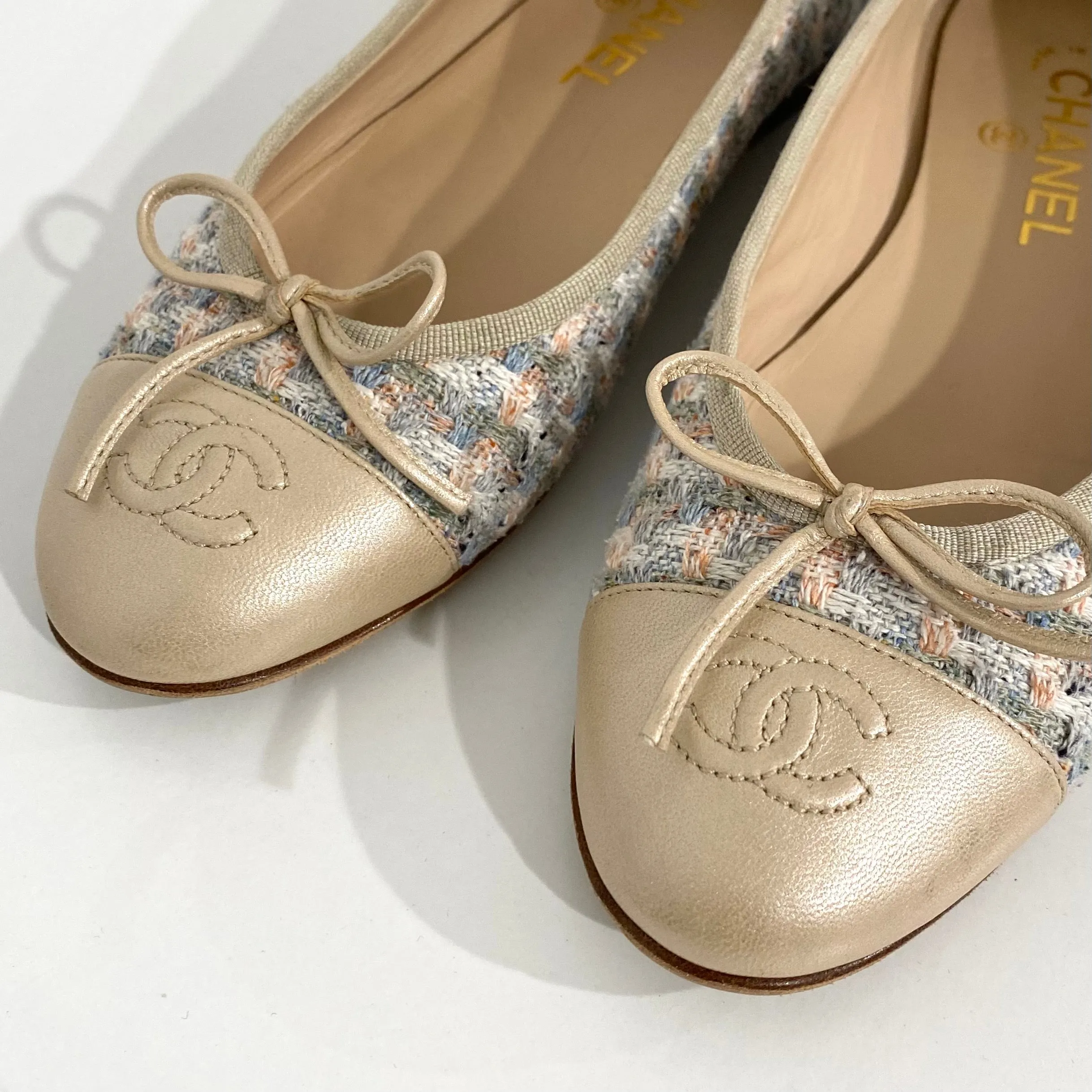 Chanel Champagne & Pastel Tweed Ballet Flats