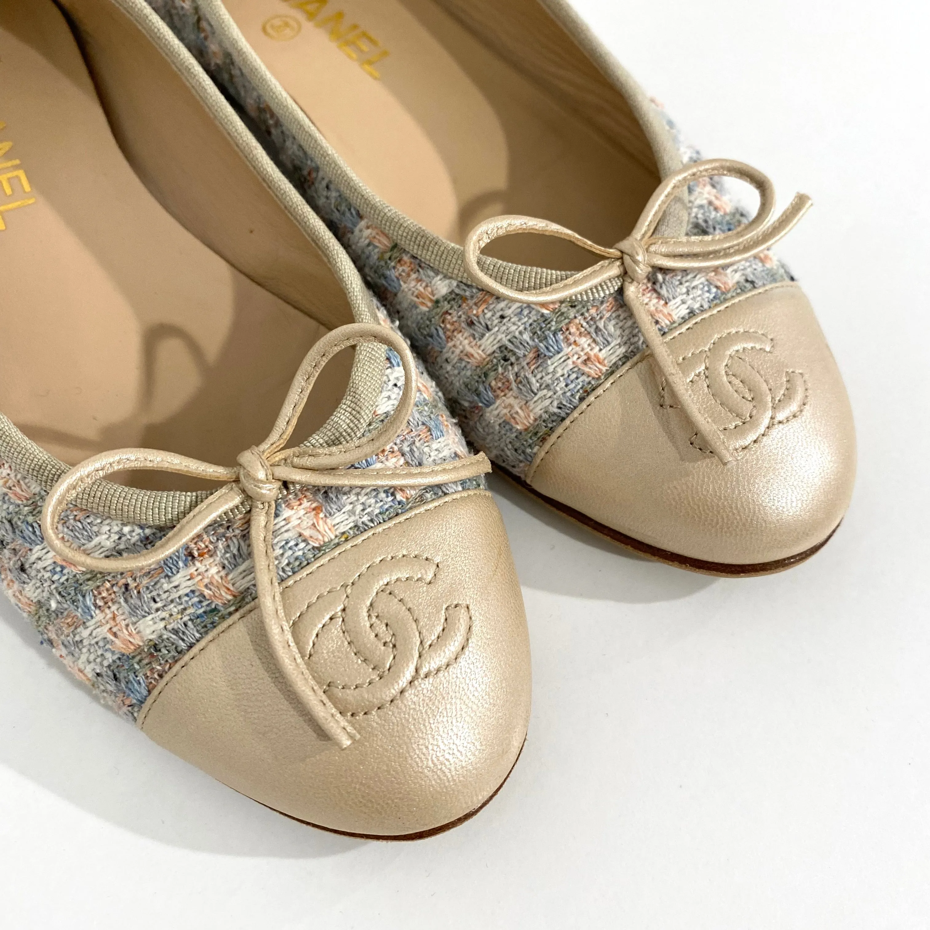Chanel Champagne & Pastel Tweed Ballet Flats
