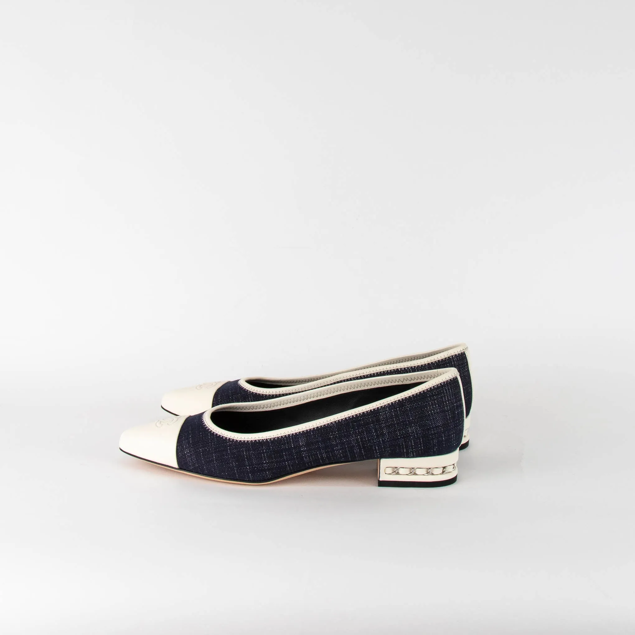 Chanel Cream Cap Toe Denim Flats  with Chain Heel Detail
