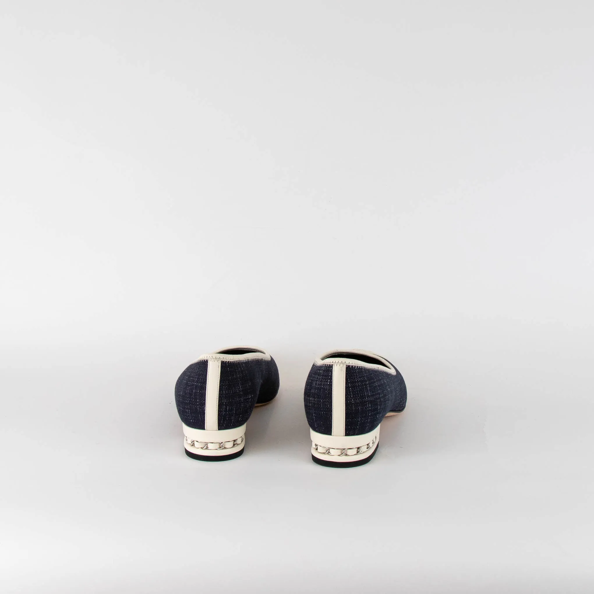 Chanel Cream Cap Toe Denim Flats  with Chain Heel Detail