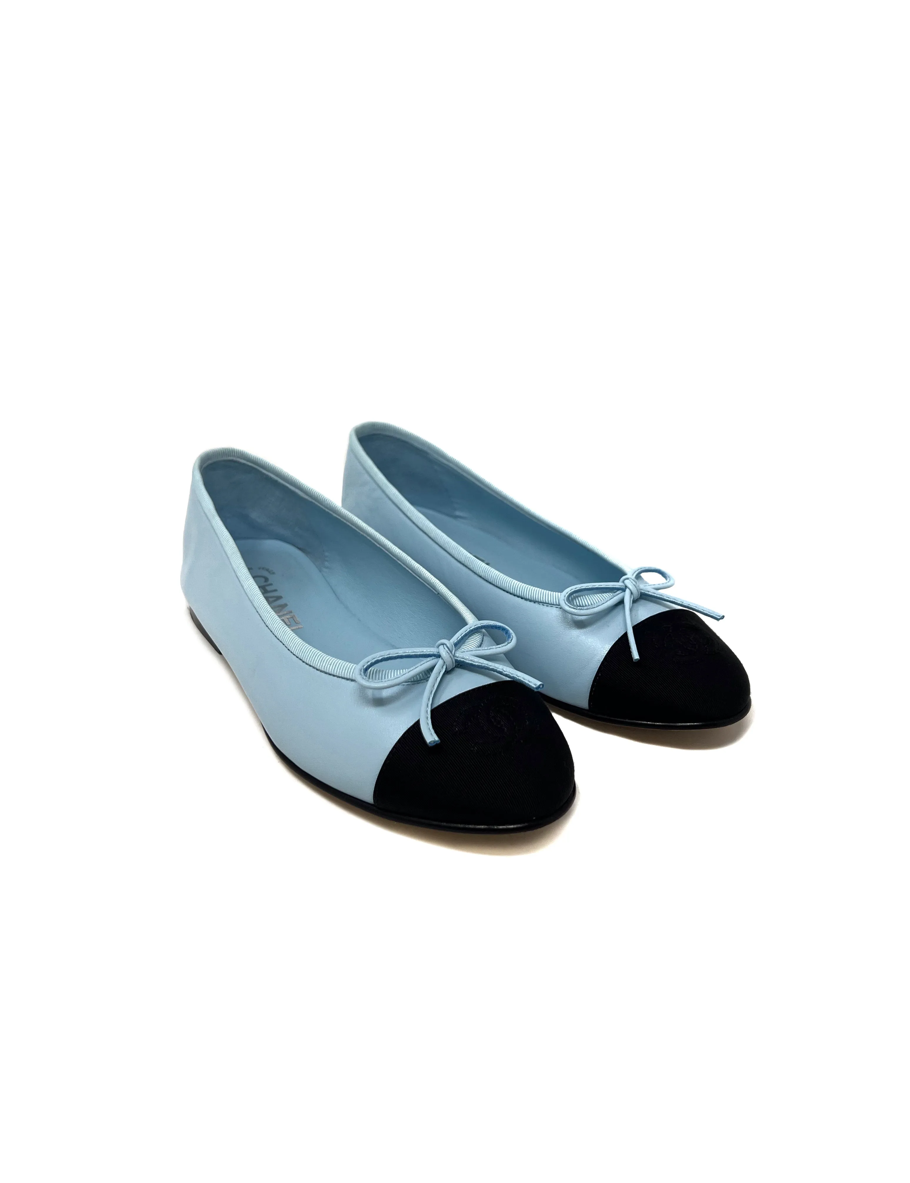 Chanel W Shoe Size 37 '24S Leather Grosgrain Cap Toe Ballet Flat