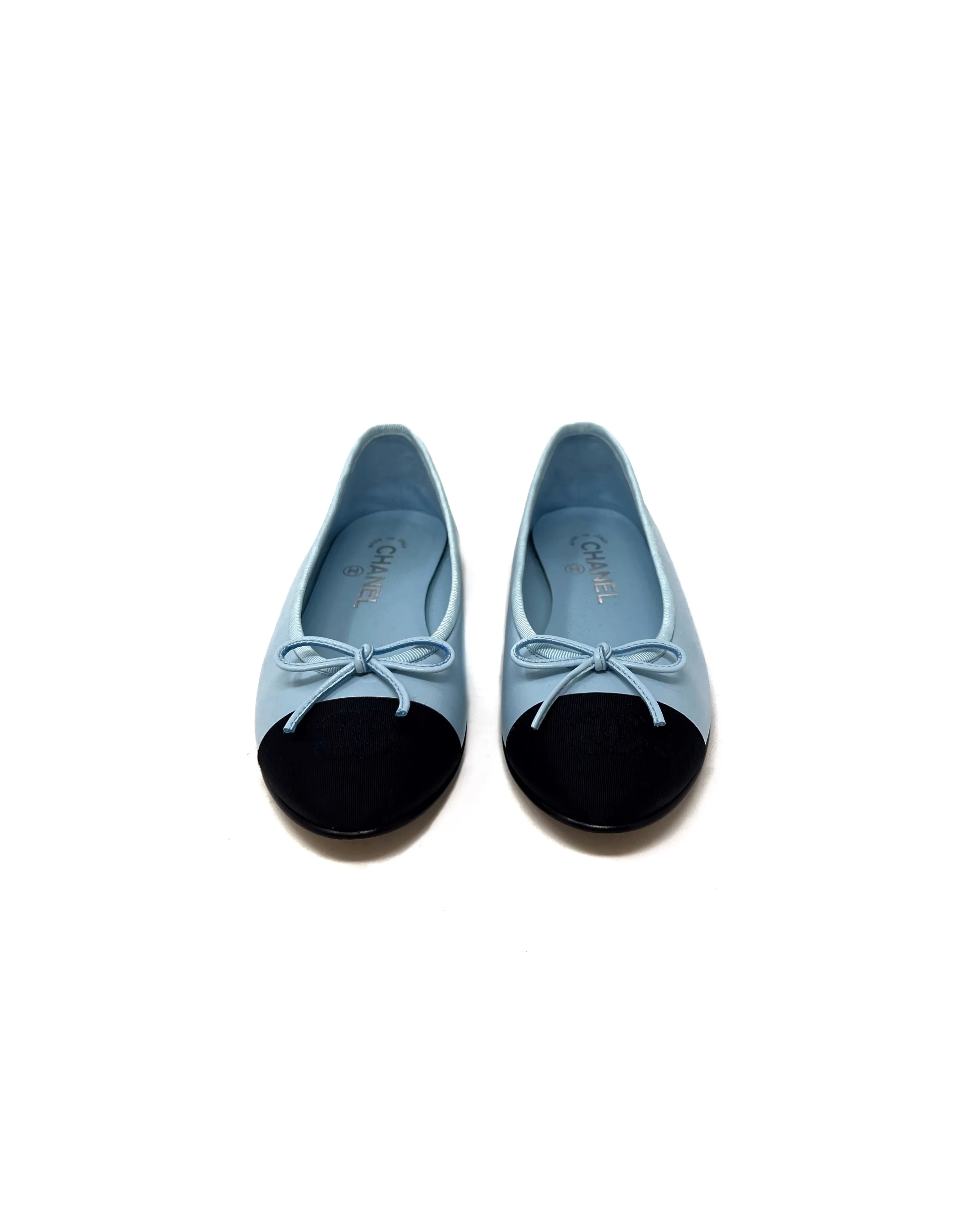 Chanel W Shoe Size 37 '24S Leather Grosgrain Cap Toe Ballet Flat