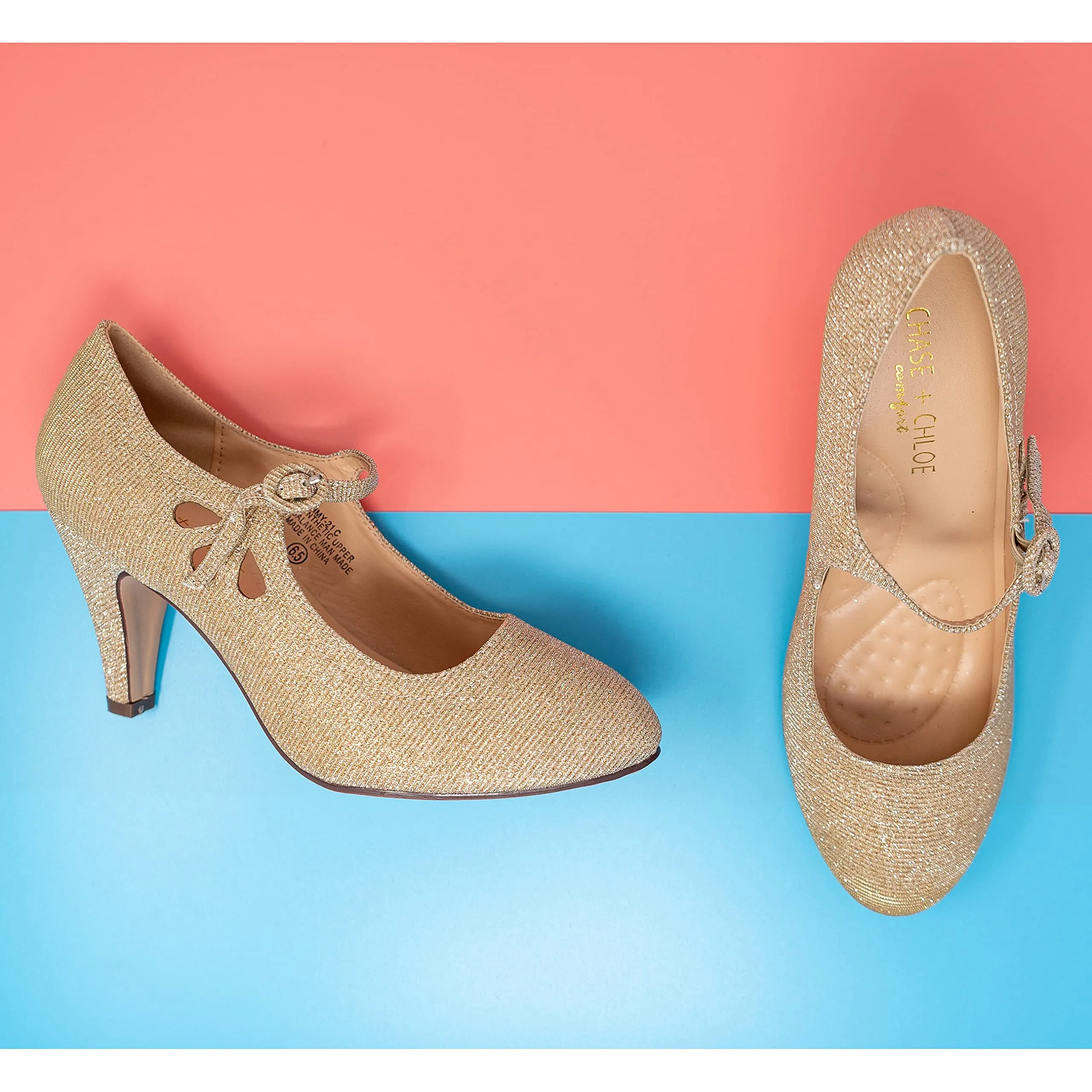 Chase & Chloe Kimmy-21 Women's Round Toe Pierced Mid Heel Mary Jane Style Dress Pumps