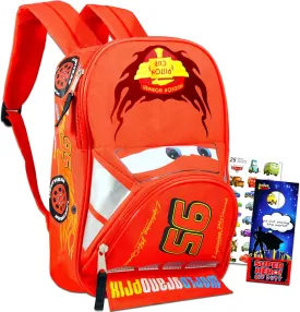Disney Cars Lightning McQueen Backpack for Kids Bundle ~ Deluxe 16" Cars Backpack with Stickers (Disney Cars School Supplies)