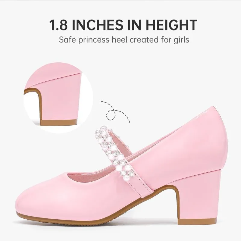 Flower Girl Shoes Kids High Heels Mary Jane Flats Cute Pearl Rhinestones Girls Dress Pumps Shoes for Church Wedding Party Little Big Kids