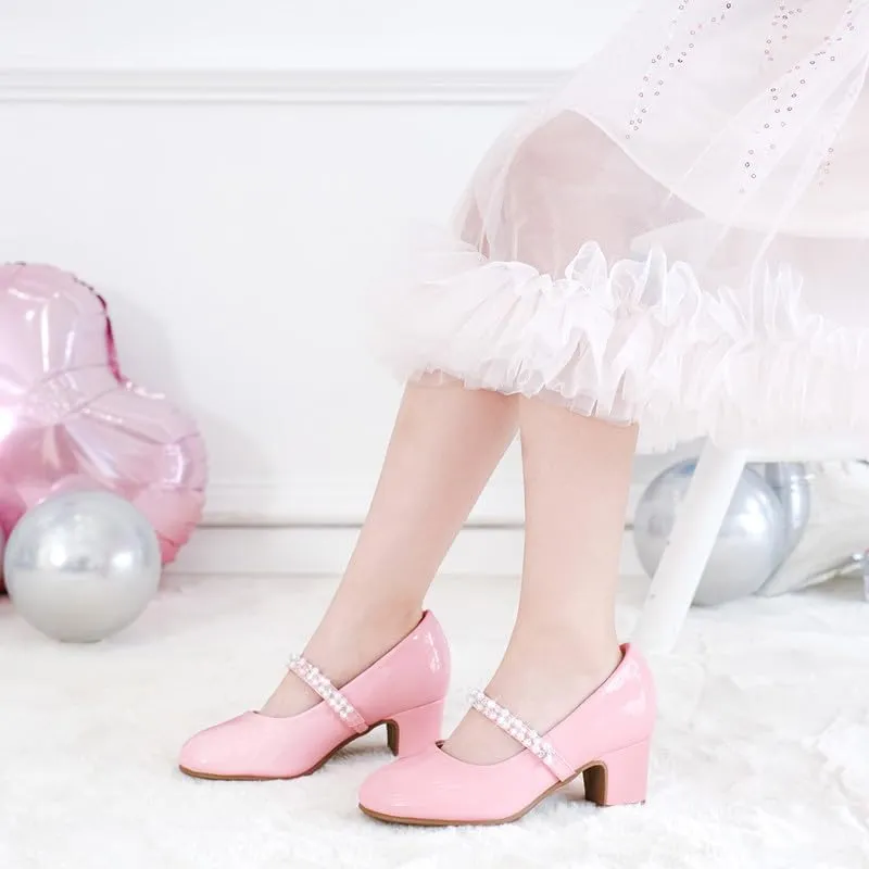 Flower Girl Shoes Kids High Heels Mary Jane Flats Cute Pearl Rhinestones Girls Dress Pumps Shoes for Church Wedding Party Little Big Kids