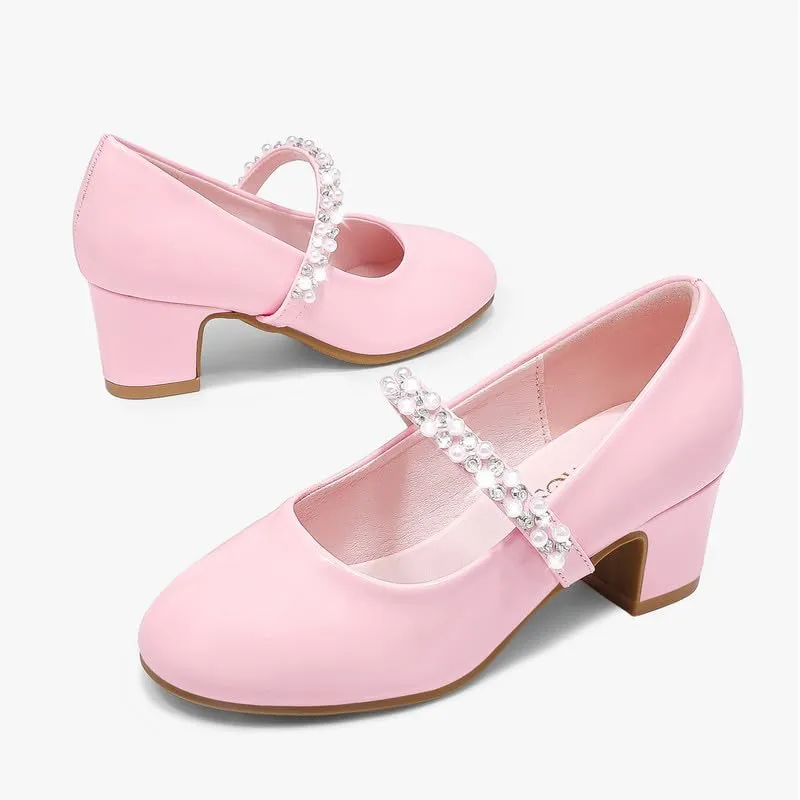 Flower Girl Shoes Kids High Heels Mary Jane Flats Cute Pearl Rhinestones Girls Dress Pumps Shoes for Church Wedding Party Little Big Kids