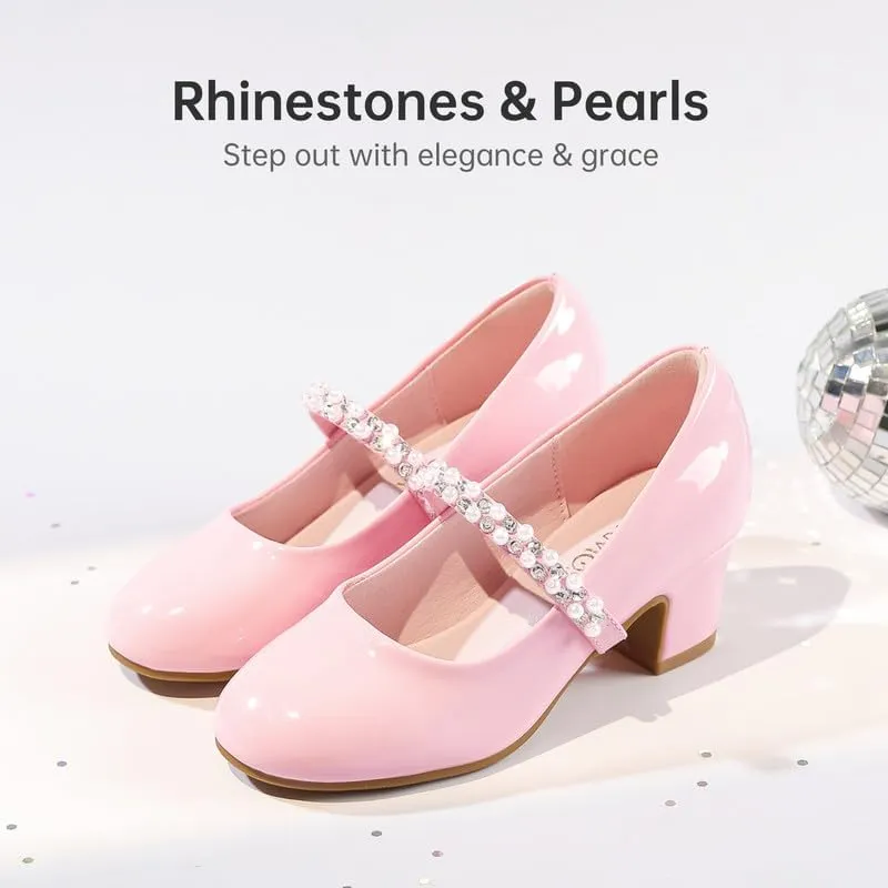 Flower Girl Shoes Kids High Heels Mary Jane Flats Cute Pearl Rhinestones Girls Dress Pumps Shoes for Church Wedding Party Little Big Kids