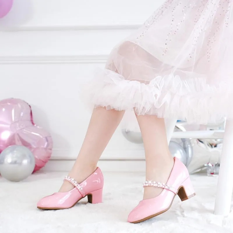 Flower Girl Shoes Kids High Heels Mary Jane Flats Cute Pearl Rhinestones Girls Dress Pumps Shoes for Church Wedding Party Little Big Kids