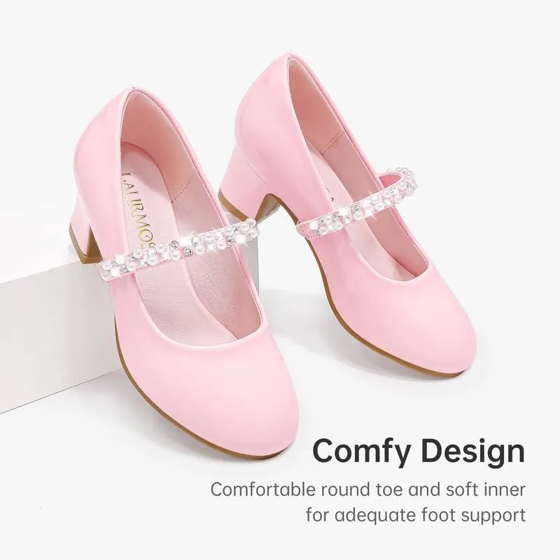 Flower Girl Shoes Kids High Heels Mary Jane Flats Cute Pearl Rhinestones Girls Dress Pumps Shoes for Church Wedding Party Little Big Kids
