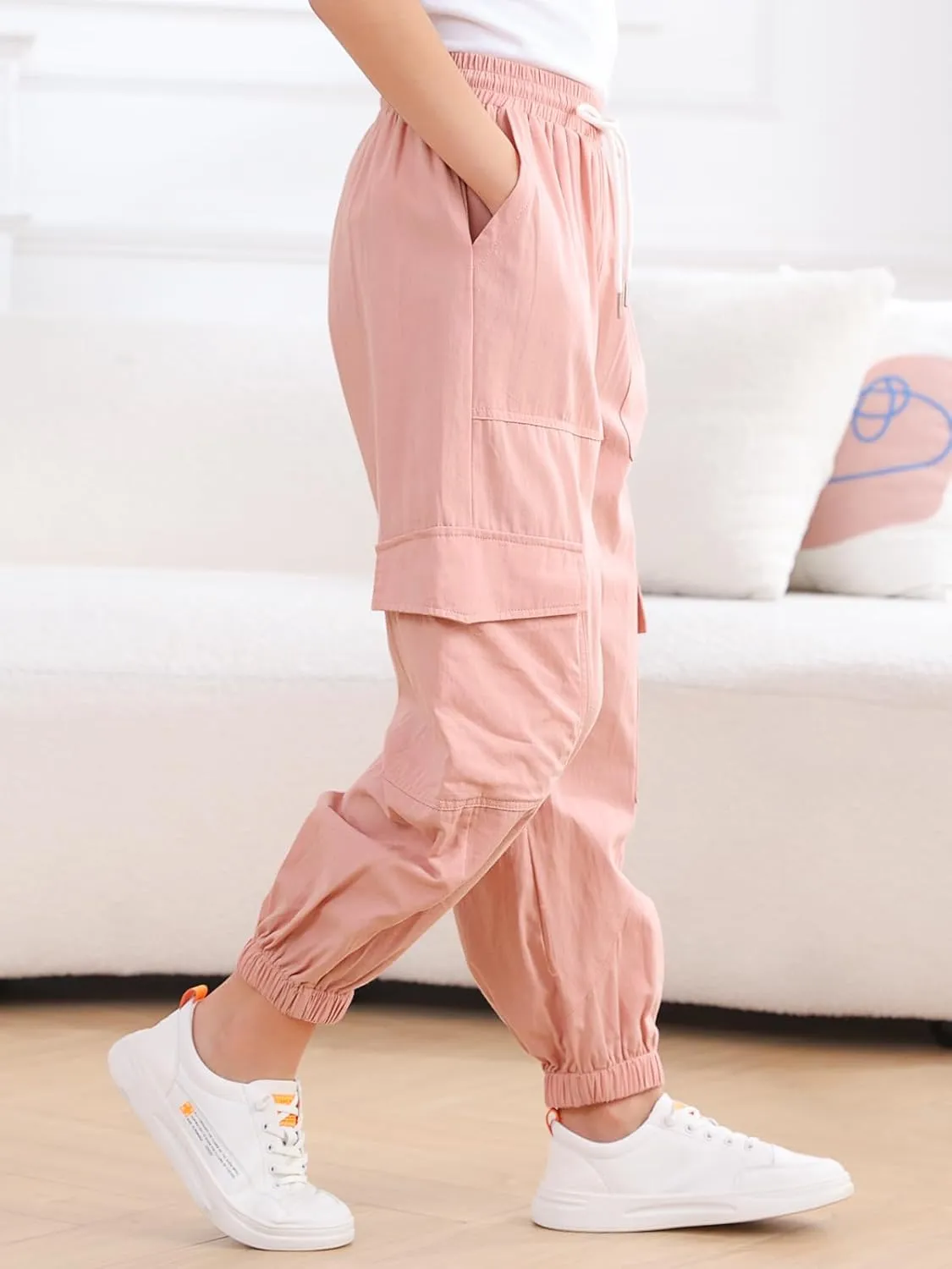 Girls Cargo Pants Elastic Waist Casual Jogger Pants for Girls Streetwear Loose Parachute with Pockets 7-14Years