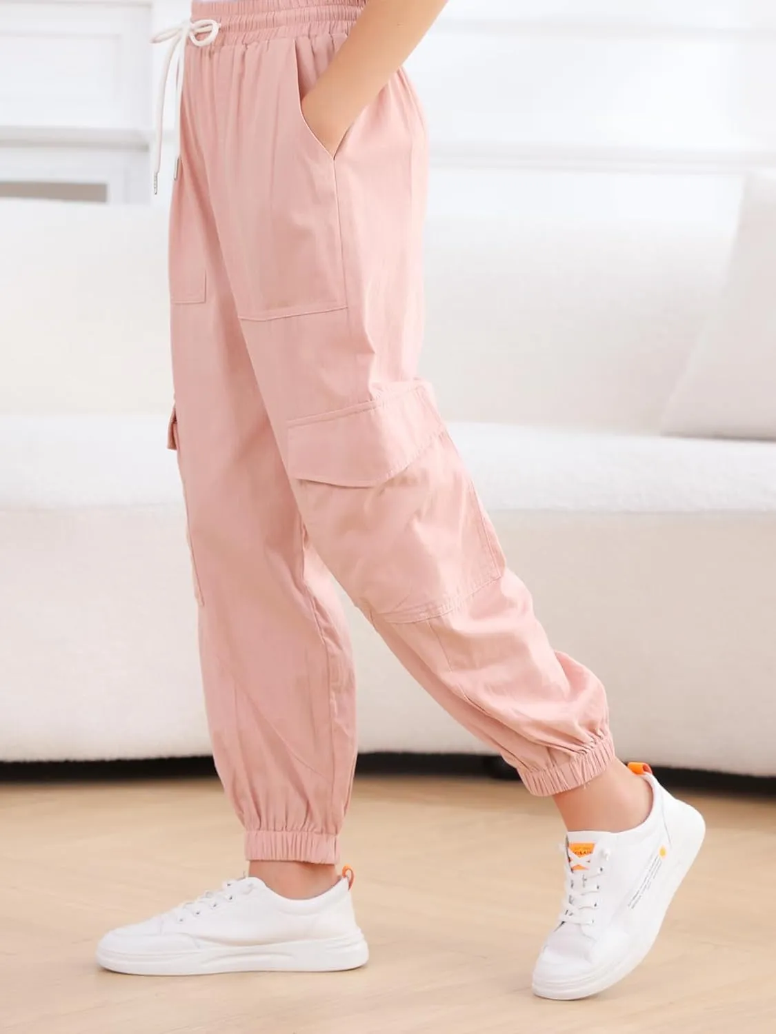 Girls Cargo Pants Elastic Waist Casual Jogger Pants for Girls Streetwear Loose Parachute with Pockets 7-14Years
