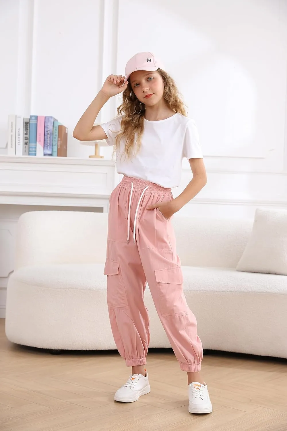 Girls Cargo Pants Elastic Waist Casual Jogger Pants for Girls Streetwear Loose Parachute with Pockets 7-14Years