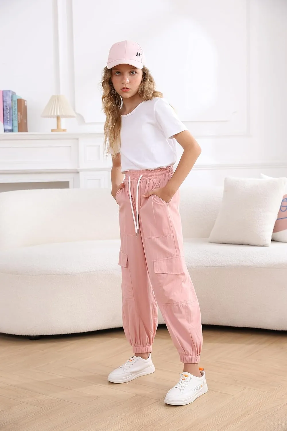 Girls Cargo Pants Elastic Waist Casual Jogger Pants for Girls Streetwear Loose Parachute with Pockets 7-14Years