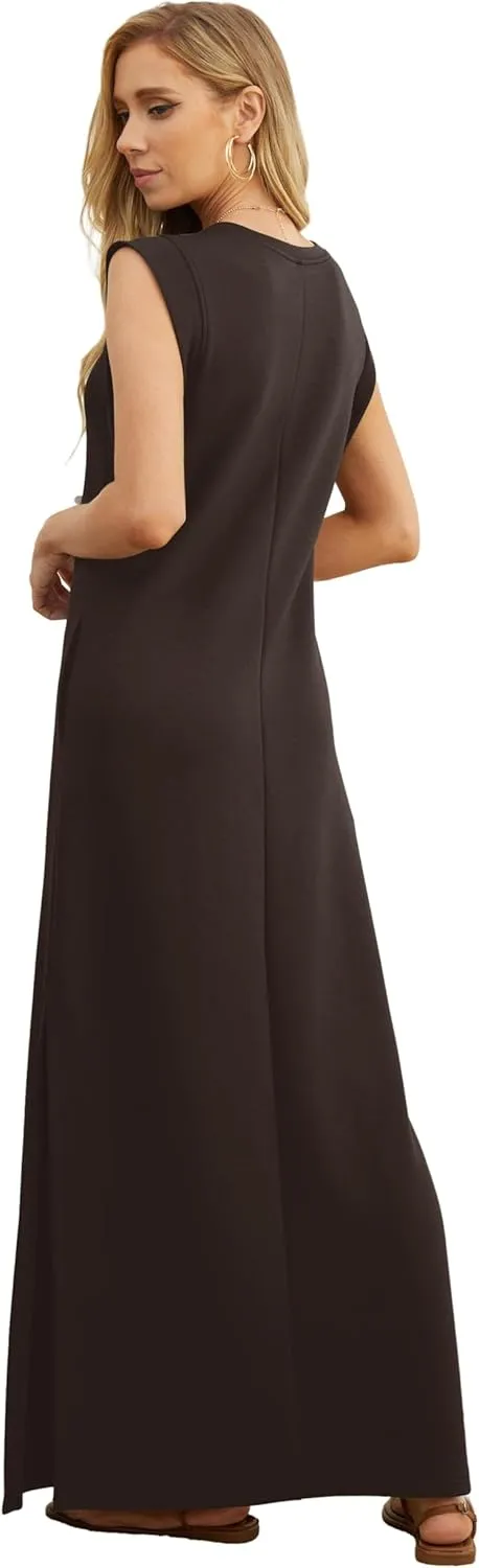 GRECERELLE 2025 Women Year-Round Casual Round Neck Loose Split Wrinkle-Free Long Maxi Vacation Dress with Pockets (XS-3XL)