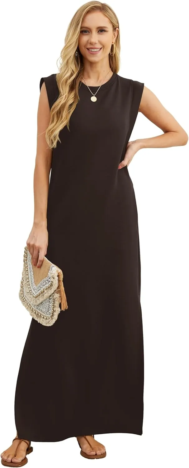 GRECERELLE 2025 Women Year-Round Casual Round Neck Loose Split Wrinkle-Free Long Maxi Vacation Dress with Pockets (XS-3XL)