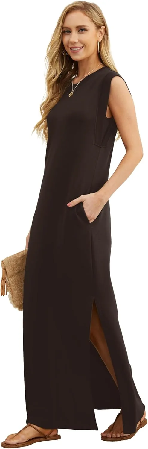 GRECERELLE 2025 Women Year-Round Casual Round Neck Loose Split Wrinkle-Free Long Maxi Vacation Dress with Pockets (XS-3XL)