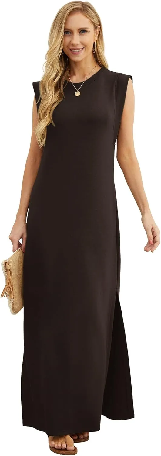 GRECERELLE 2025 Women Year-Round Casual Round Neck Loose Split Wrinkle-Free Long Maxi Vacation Dress with Pockets (XS-3XL)