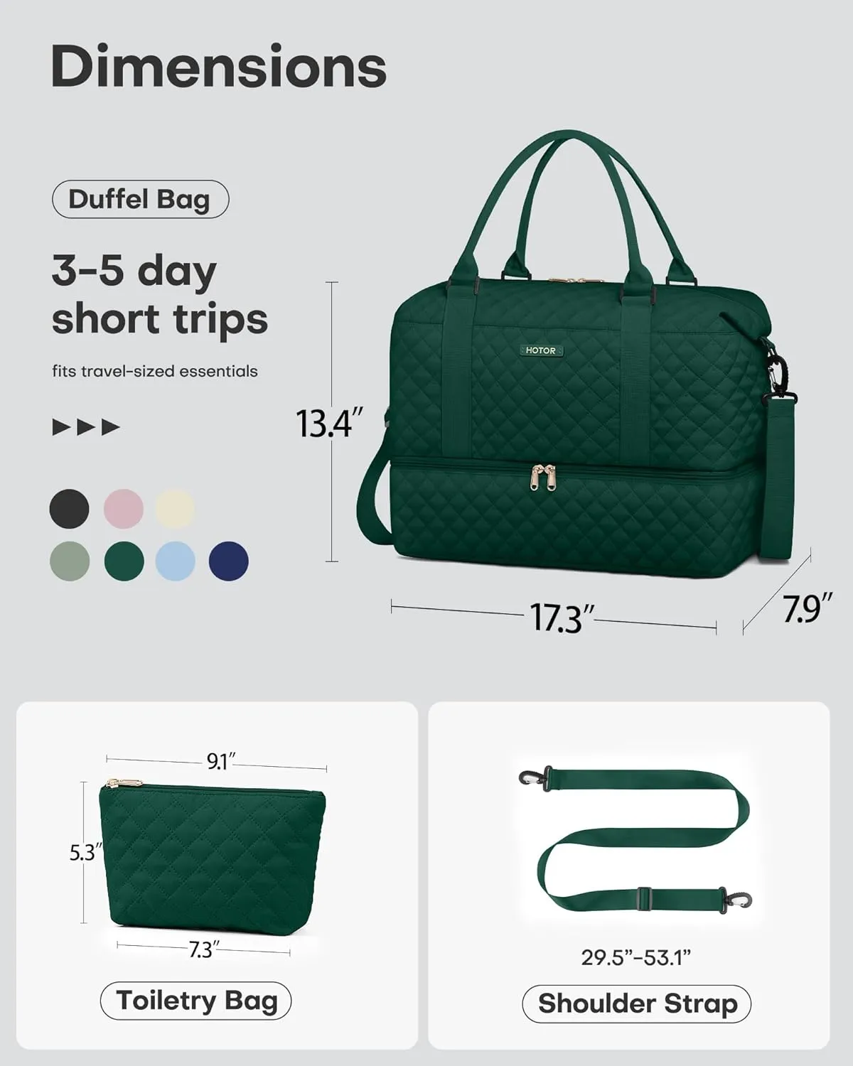 HOTOR Travel Duffel Bag - Weekender Bags for Women, Carry On Overnight Bag with Shoe Compartment, with Toiletry Bag for Travel Essentials and Travel Accessories, Dark Green, 13.4"??17.3"??7.9"