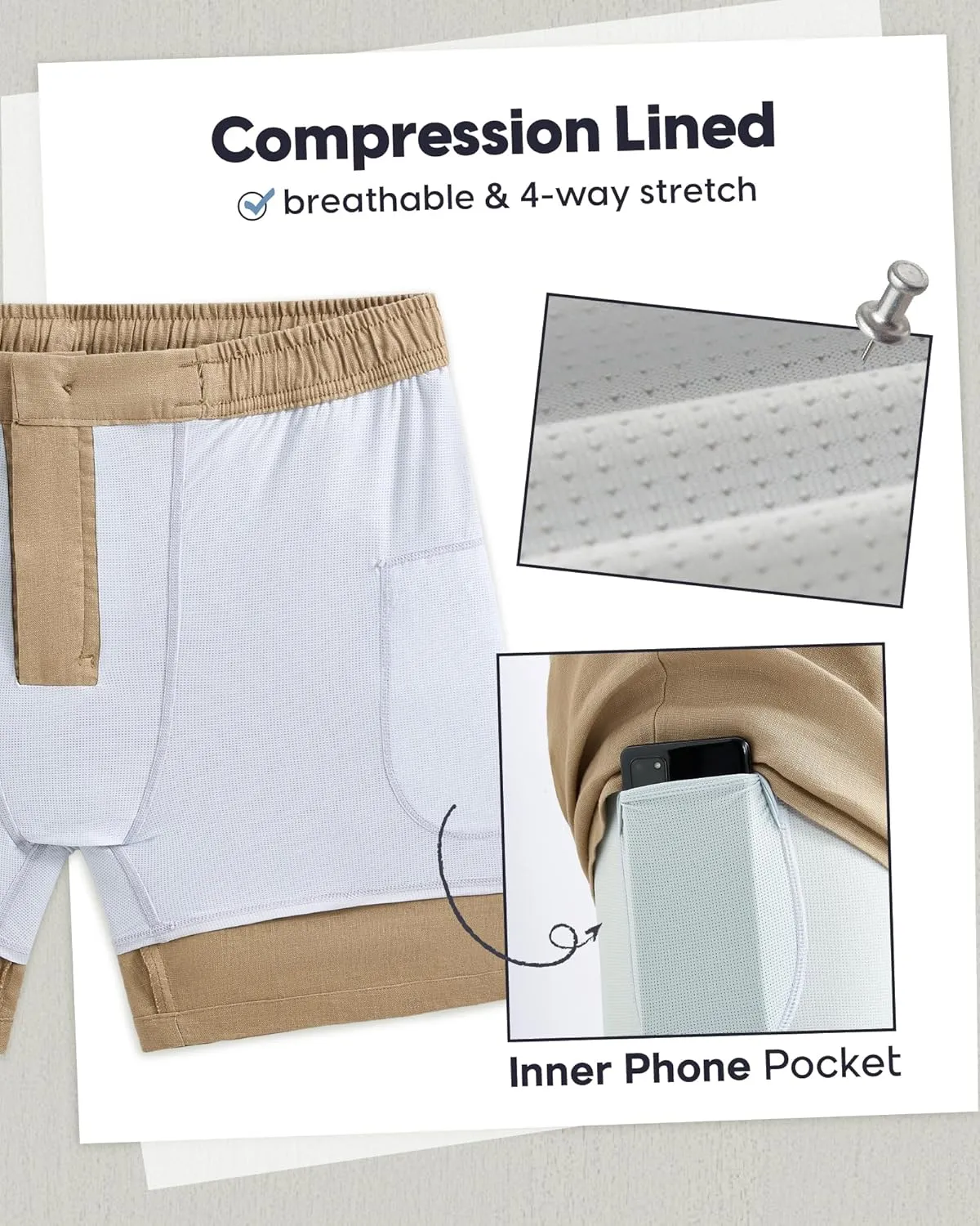 maamgic Mens Casual Linen Shorts 5/7 Inch Elastic Waist Drawstring Summer 2 in 1 Beach Shorts with Pockets