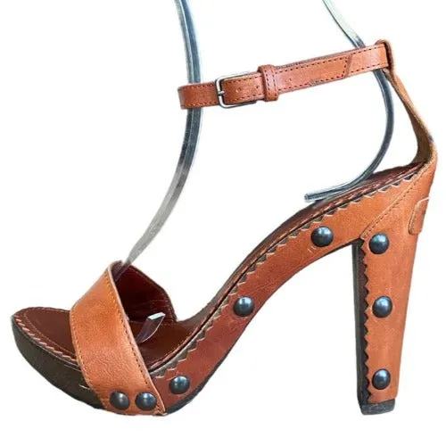 NEW YVES SAINT LAURENT Brown Leather, Studded, Ankle Strap Wooden Sandal Size 37