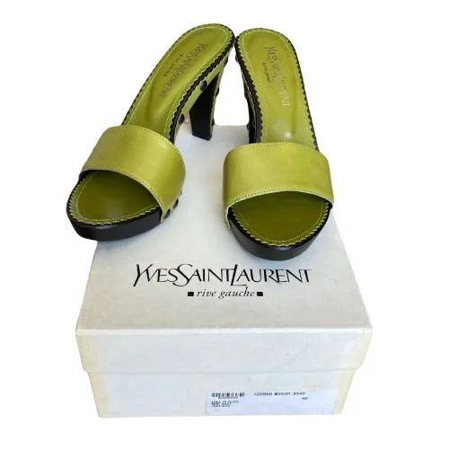 NEW YVES SAINT LAURENT Lola 75 Green Leather, Studded, Wooden Slides, Size 40