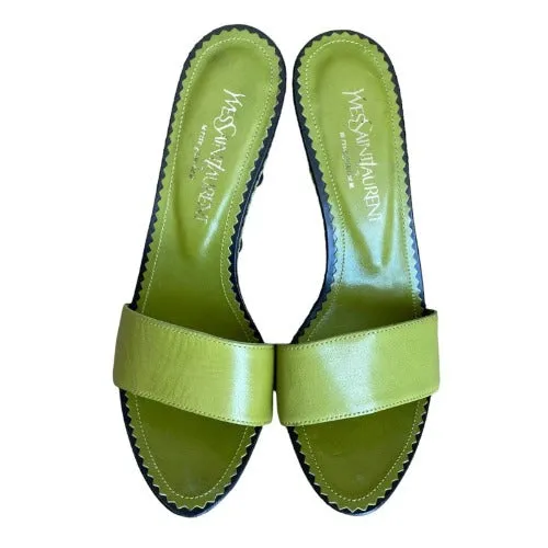 NEW YVES SAINT LAURENT Lola 75 Green Leather, Studded, Wooden Slides, Size 40
