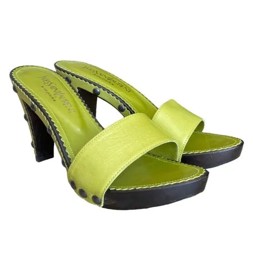NEW YVES SAINT LAURENT Lola 75 Green Leather, Studded, Wooden Slides, Size 40