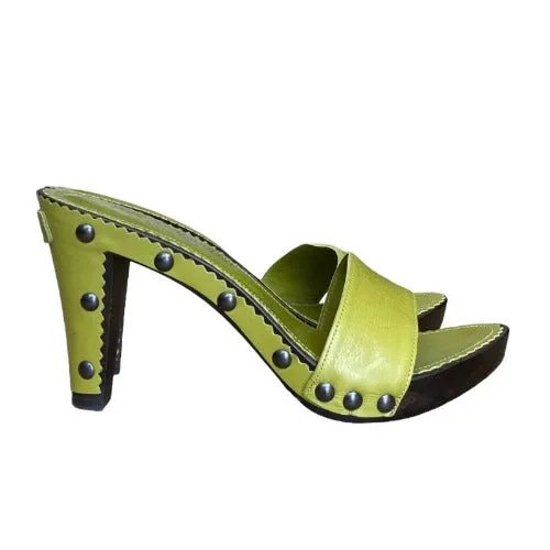 NEW YVES SAINT LAURENT Lola 75 Green Leather, Studded, Wooden Slides, Size 40