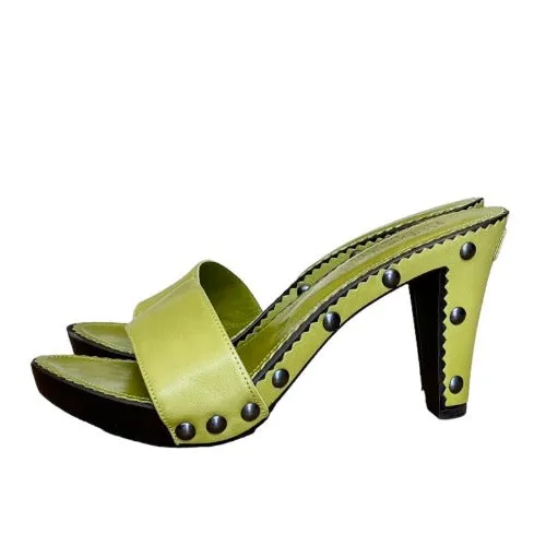 NEW YVES SAINT LAURENT Lola 75 Green Leather, Studded, Wooden Slides, Size 40