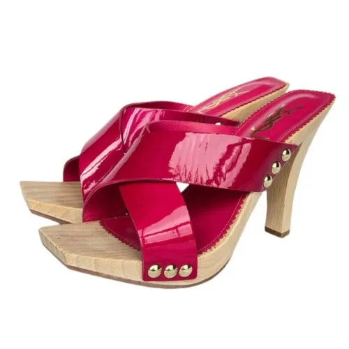 NEW YVES SAINT LAURENT Rive Gauche Pink Patent Leather Lolita Slides Mules, 39