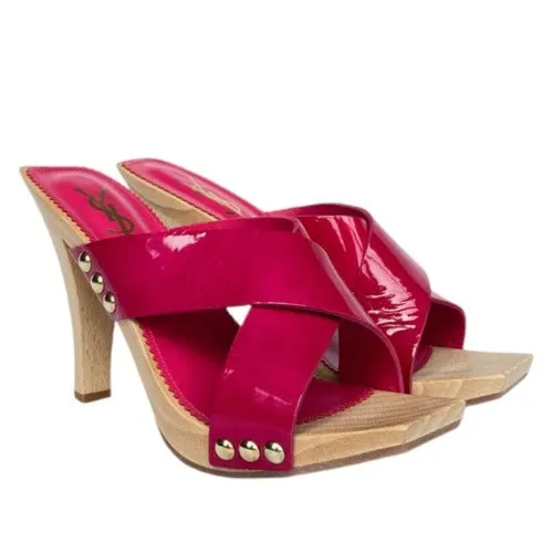 NEW YVES SAINT LAURENT Rive Gauche Pink Patent Leather Lolita Slides Mules, 39