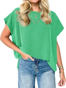 Tankaneo Womens Oversized Short Cap Sleeve Tunic Tops Summer Casual Textured Ribbed Knit T-Shirts Loose Fit Tees