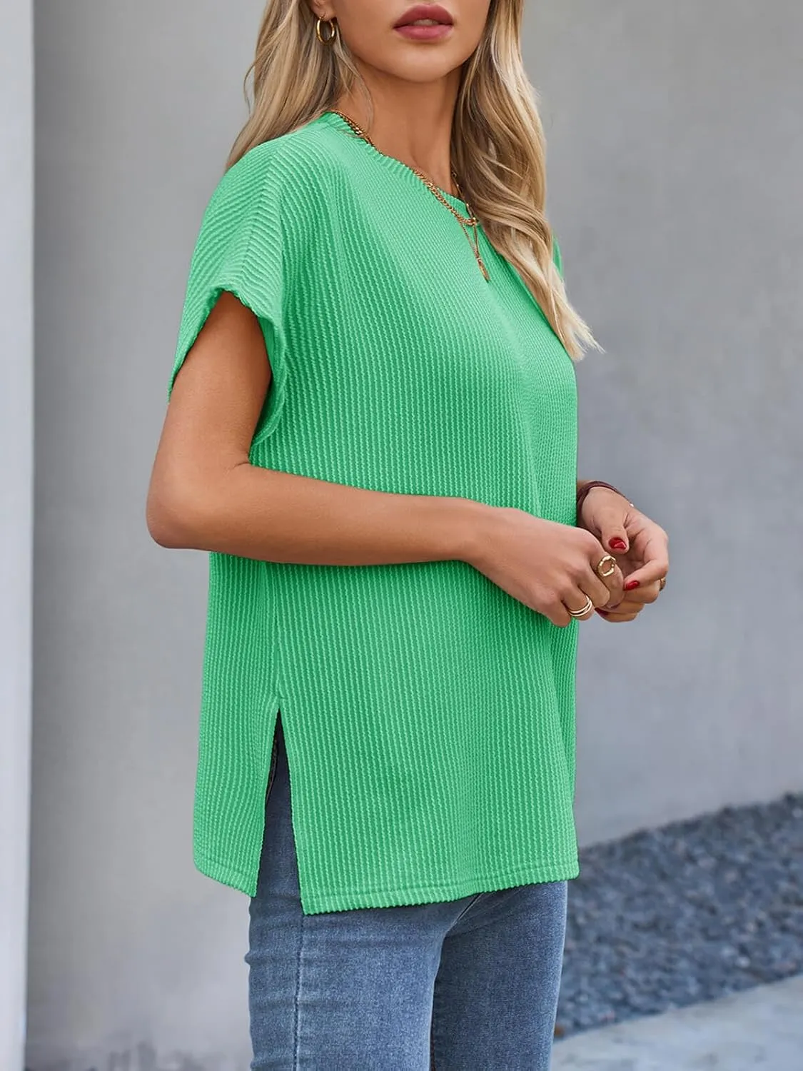Tankaneo Womens Oversized Short Cap Sleeve Tunic Tops Summer Casual Textured Ribbed Knit T-Shirts Loose Fit Tees