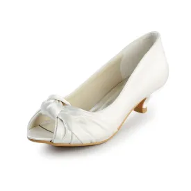 Women's Bridal Shoes Peep Toe 1.5" Low Heel Satin Pumps Knot Wedding Shoes