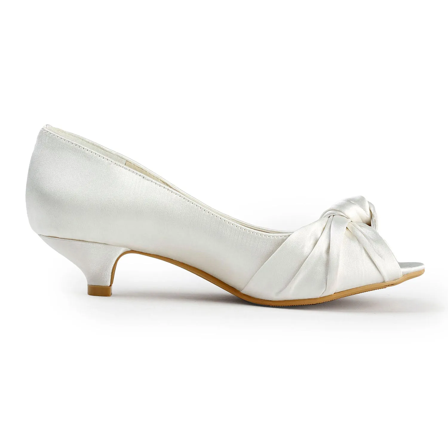 Women's Bridal Shoes Peep Toe 1.5" Low Heel Satin Pumps Knot Wedding Shoes
