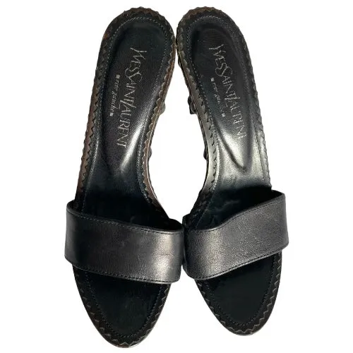 YSL YVES SAINT LAURENT Black Leather Strappy, Wood Clog Platform Mules, Size 37
