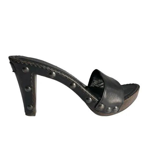 YSL YVES SAINT LAURENT Black Leather Strappy, Wood Clog Platform Mules, Size 37