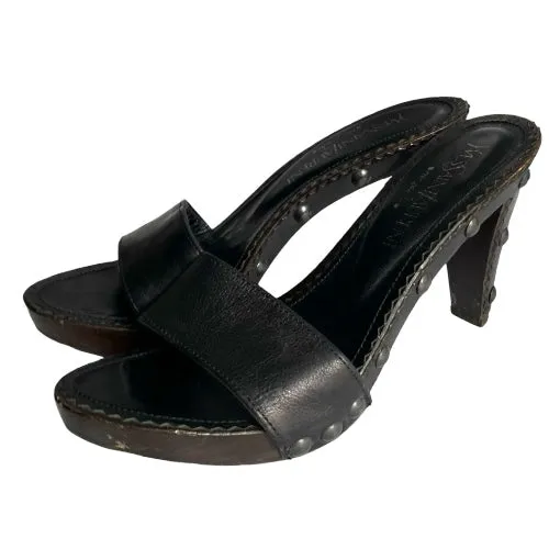 YSL YVES SAINT LAURENT Black Leather Strappy, Wood Clog Platform Mules, Size 37