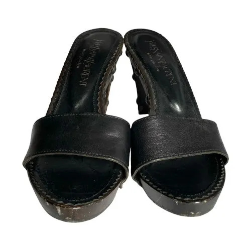 YSL YVES SAINT LAURENT Black Leather Strappy, Wood Clog Platform Mules, Size 37