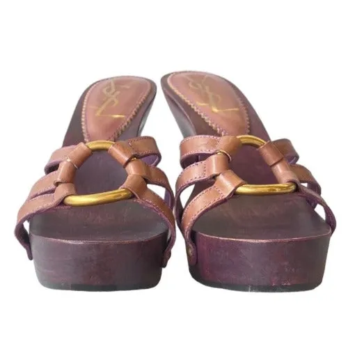 YSL YVES SAINT LAURENT Brown Leather Strappy, Wood Clog Platform Mules, Size 36