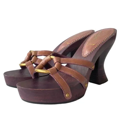 YSL YVES SAINT LAURENT Brown Leather Strappy, Wood Clog Platform Mules, Size 36