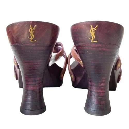 YSL YVES SAINT LAURENT Brown Leather Strappy, Wood Clog Platform Mules, Size 36