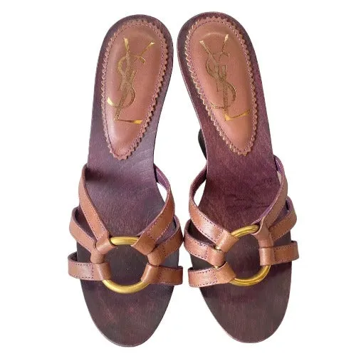 YSL YVES SAINT LAURENT Brown Leather Strappy, Wood Clog Platform Mules, Size 36
