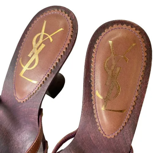YSL YVES SAINT LAURENT Brown Leather Strappy, Wood Clog Platform Mules, Size 36